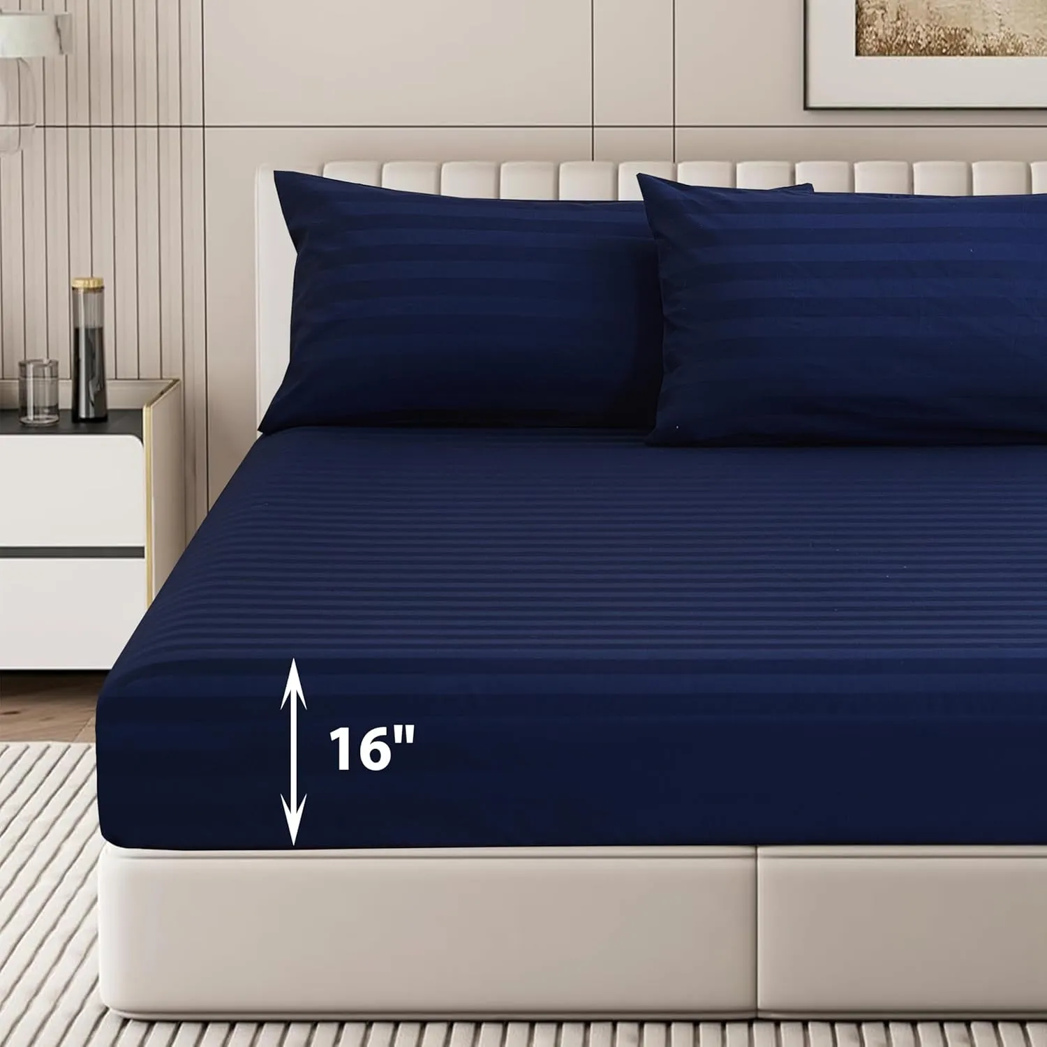100% Egyptian Cotton Fitted Sheet Twin Size Only, 600 Thread Count, 8"-16" Deep Pocket Sateen Weave Bottom Sheet, Soft Breathable Comfy & Hotel Quality (Twin, Striped Navy Blue)
