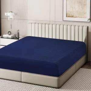 100% Egyptian Cotton Fitted Sheet Twin Size Only, 600 Thread Count, 8"-16" Deep Pocket Sateen Weave Bottom Sheet, Soft Breathable Comfy & Hotel Quality (Twin, Striped Navy Blue)