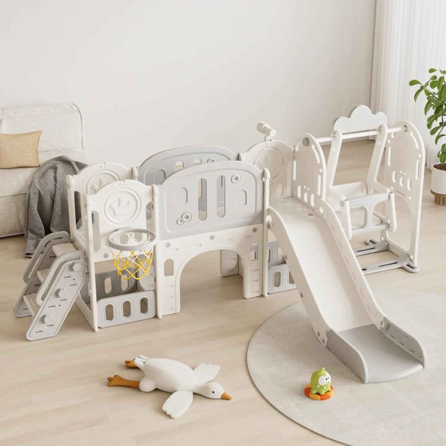11 in 1 Toddler Slide Set, Kids Slide for Toddlers, Baby Climber Slide PlaySet with Basketball Hoop and Extra Long Aisle, Strong Swing,Outdoor Indoor Playground for Toddlers(Grey)