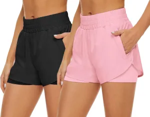 2 Pack Athletic Shorts for Women, Quick Dry Running Shorts with Pockets High Waisted Workout Gym Sports Shorts