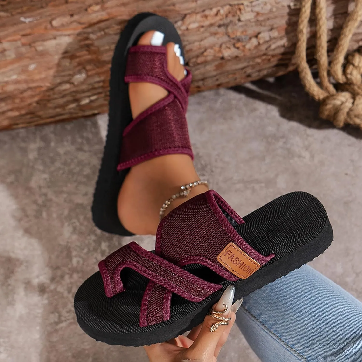 2024 Women's Hollow Mesh Slide Sandals, Summer Fashion Hollow Mesh Slide Sandals with Loop Toe, Casual Lightweight Flat Orthopedic Shoes Peep Toe Slippers(Red,US 6.5)