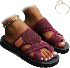 2024 Women's Hollow Mesh Slide Sandals, Summer Fashion Hollow Mesh Slide Sandals with Loop Toe, Casual Lightweight Flat Orthopedic Shoes Peep Toe Slippers(Red,US 6.5)