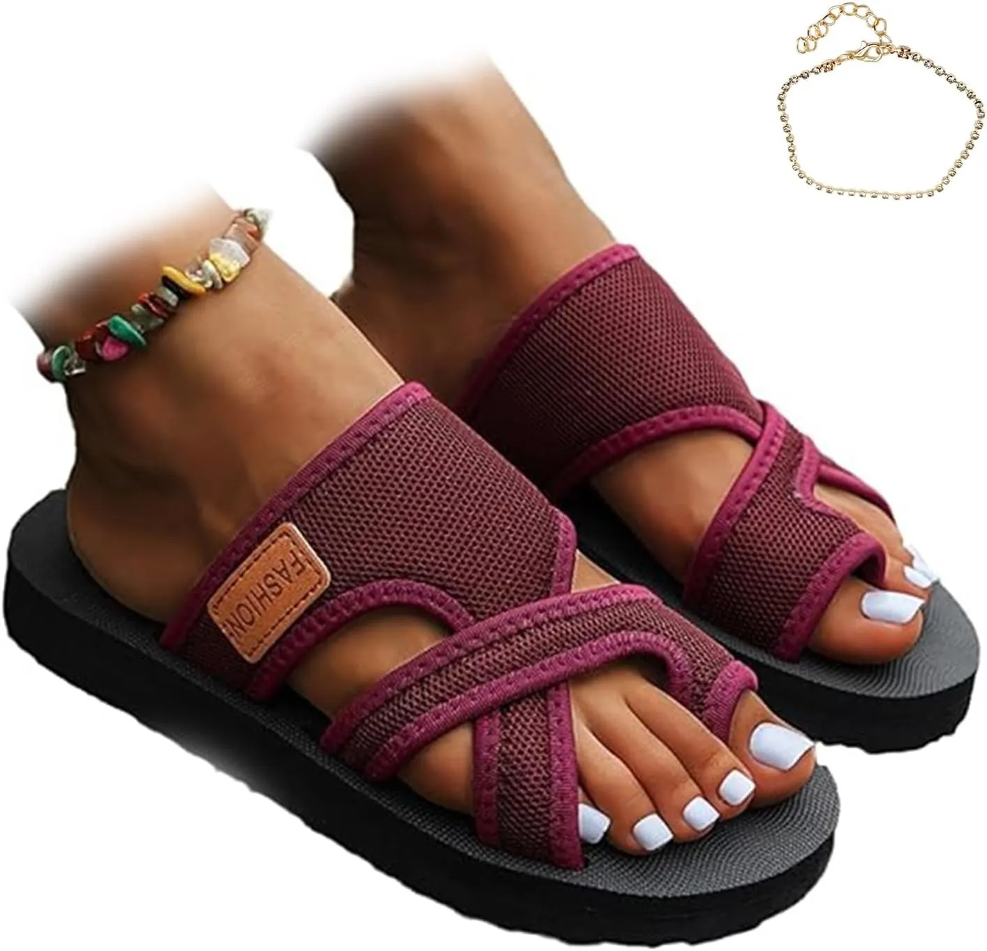 2024 Women's Hollow Mesh Slide Sandals, Summer Fashion Hollow Mesh Slide Sandals with Loop Toe, Casual Lightweight Flat Orthopedic Shoes Peep Toe Slippers(Red,US 6.5)