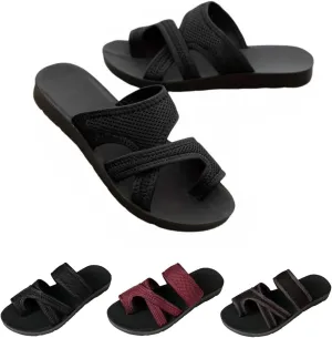 2024Women's Hollow Mesh Slide Sandals, Summer Comfy Non Slip Flat Loop Toe Shoes Arch Support Peep Toe Slippers