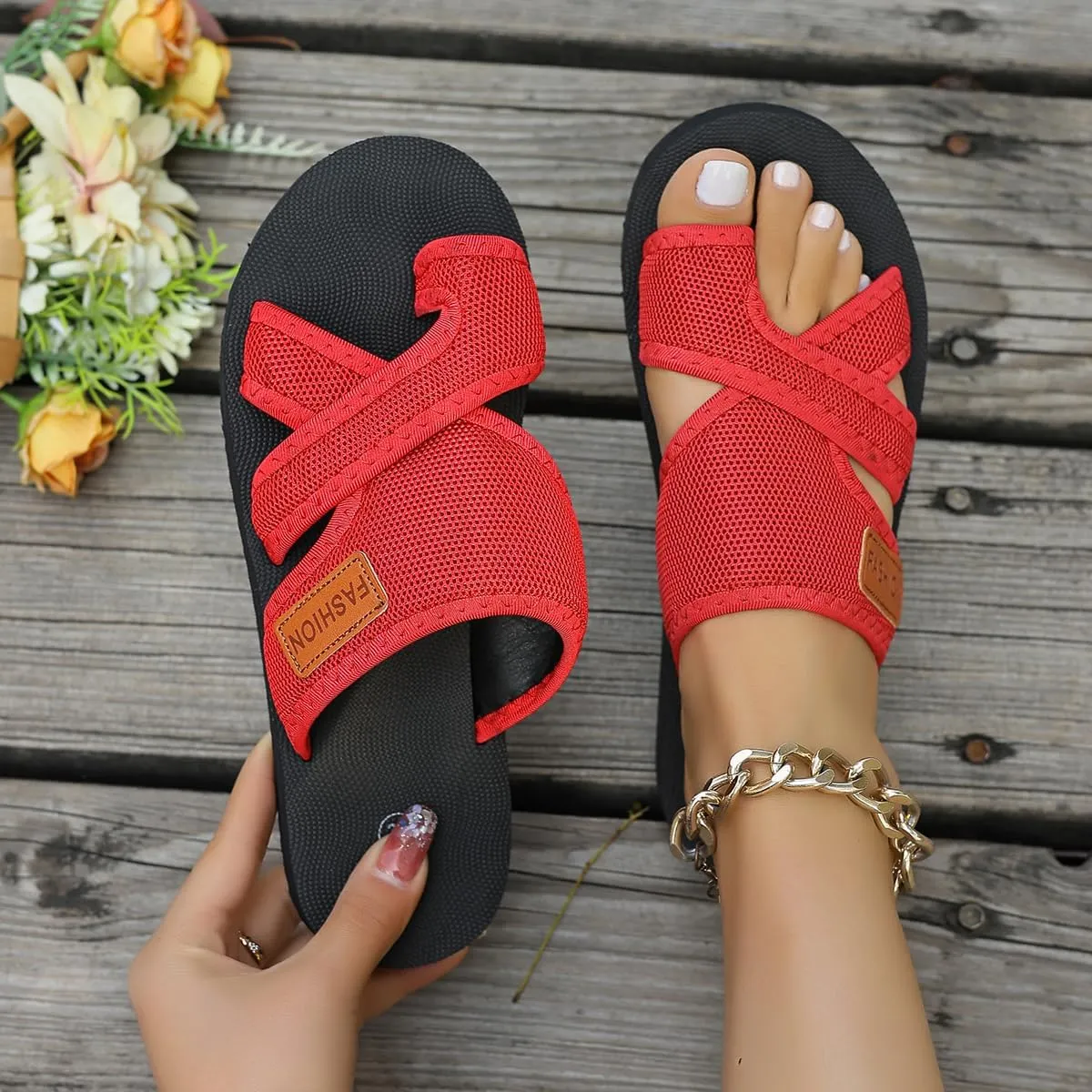 2025 Women's Hollow Mesh Slide Sandals,Comfortable Breathable Mesh Sandals for Women,Orthopedic Summer Flats Beach Slippers