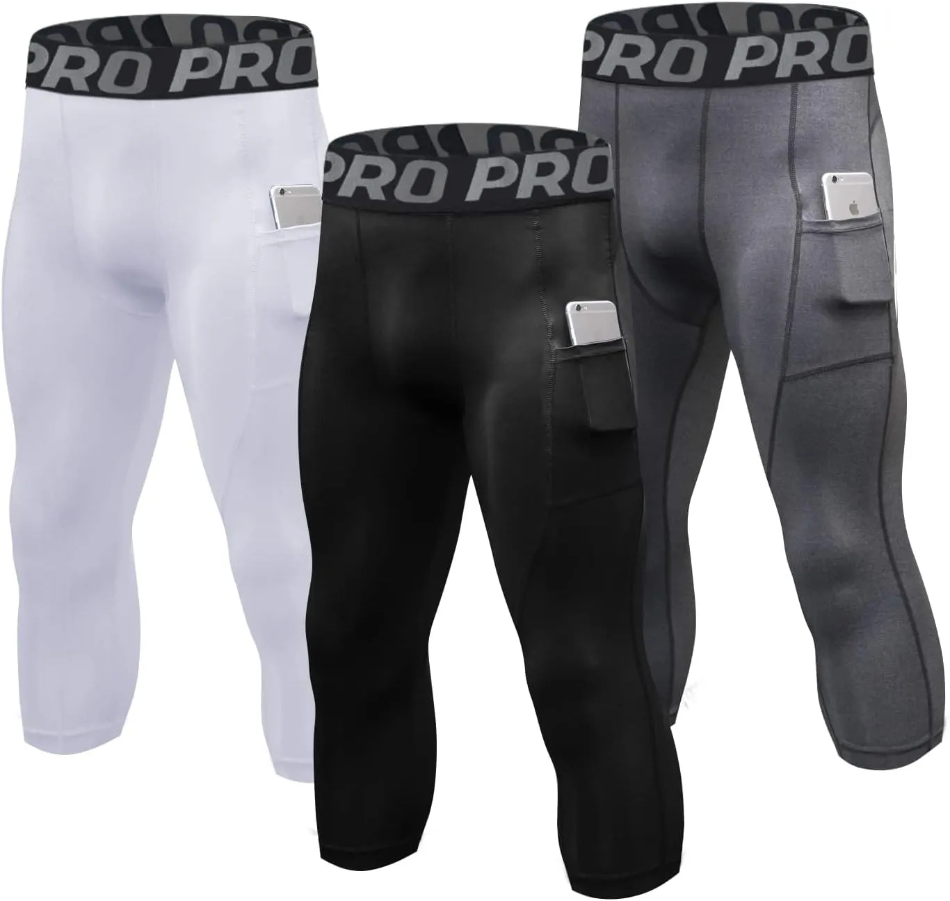 3/4 Compression Pants for Men with Pockets Capri Sports Legging Basketball Running Tights Cool Dry Workout Baselayer