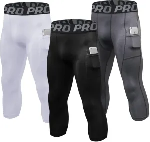 3/4 Compression Pants for Men with Pockets Capri Sports Legging Basketball Running Tights Cool Dry Workout Baselayer