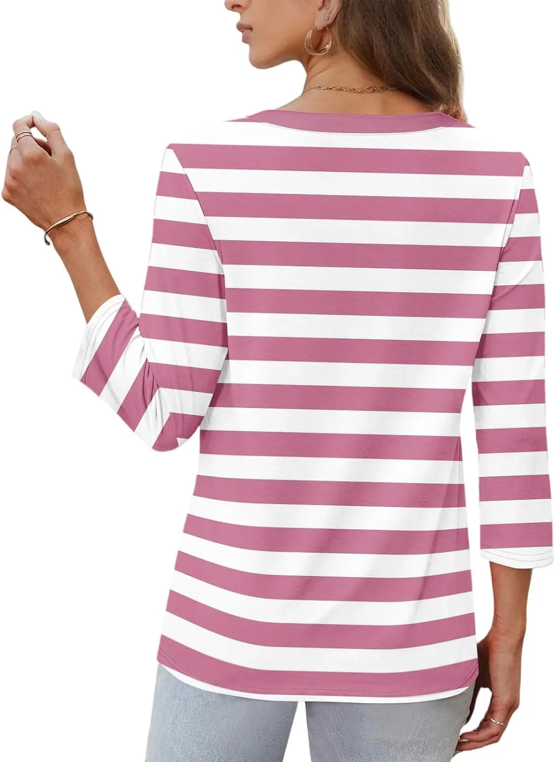 3/4 Length Sleeve Womens Tops Trendy Striped V Neck T Shirts Casual Loose Fit Workout Three Quarter Dressy Blouse