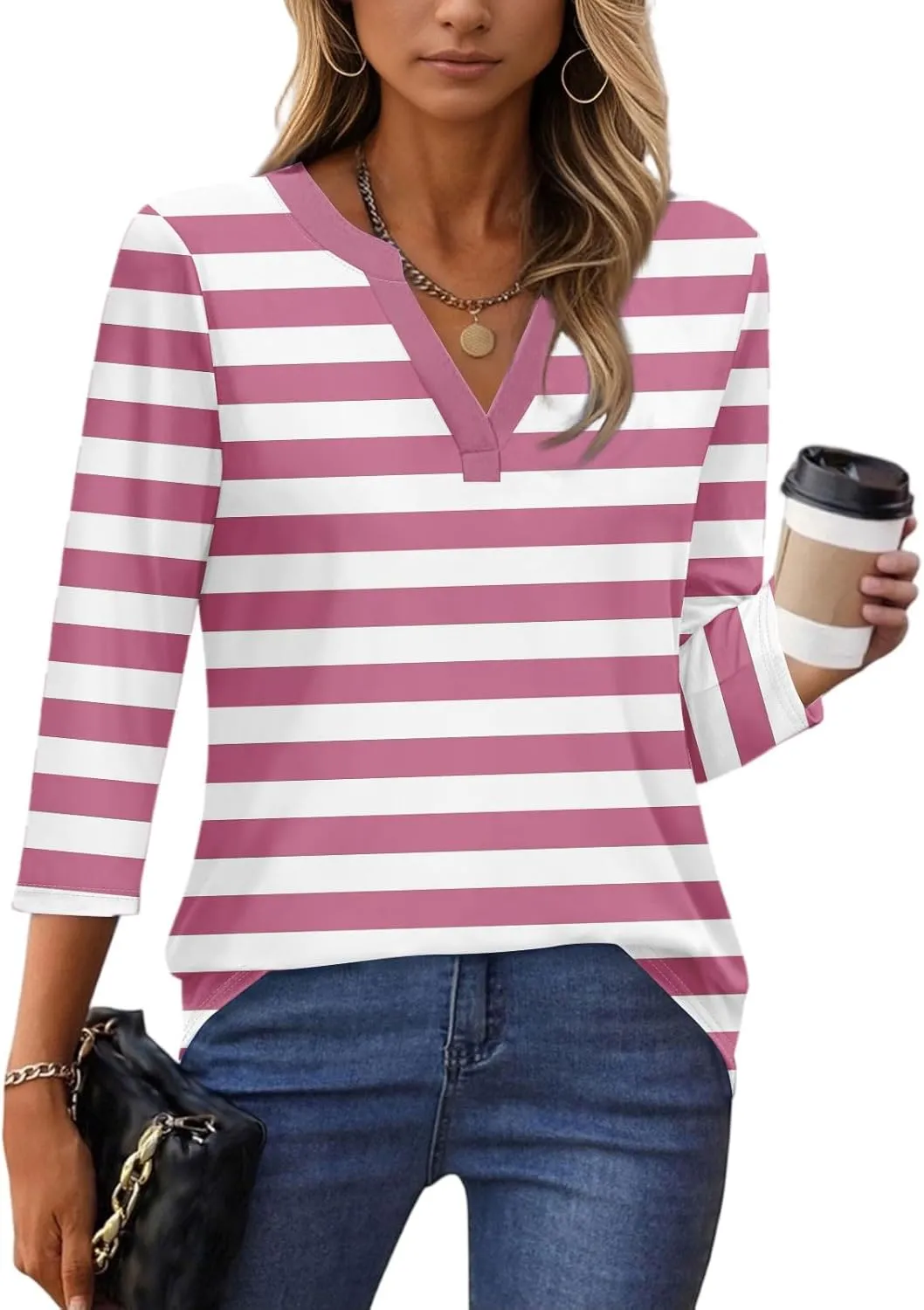 3/4 Length Sleeve Womens Tops Trendy Striped V Neck T Shirts Casual Loose Fit Workout Three Quarter Dressy Blouse