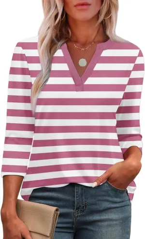 3/4 Length Sleeve Womens Tops Trendy Striped V Neck T Shirts Casual Loose Fit Workout Three Quarter Dressy Blouse