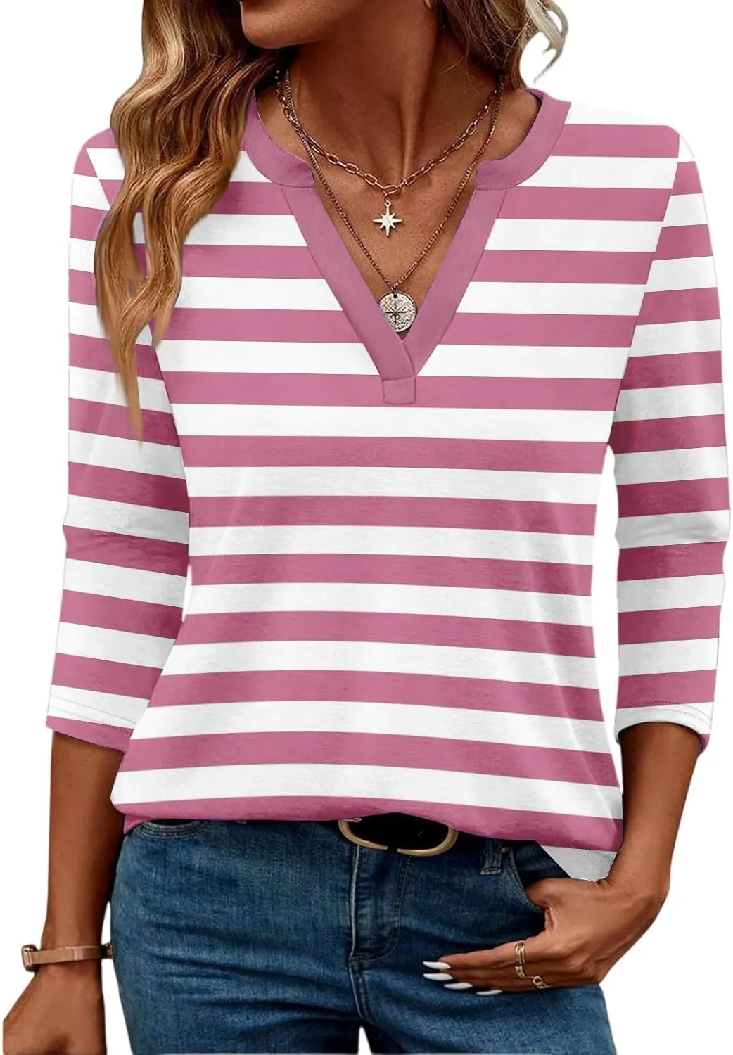 3/4 Length Sleeve Womens Tops Trendy Striped V Neck T Shirts Casual Loose Fit Workout Three Quarter Dressy Blouse