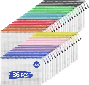 36pcs Mesh Zipper Pouch Bags, A4 Zipper Bags for Organizing Storage, 13" x 9.5" Waterproof Zipper Pouches, File Document Bags for School, Travel,Toys, Puzzle, Board Games and Office Supplies
