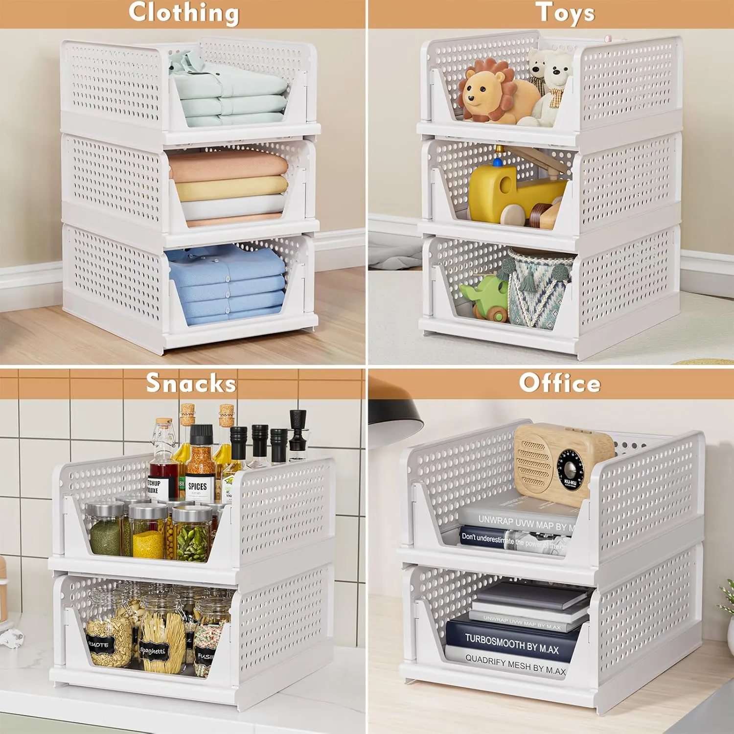 4 Pack Stackable Closet Storage Basket - Stackable Storage Bins, Multifunctional & Foldable Closet Organizer, Wardrobe Cupboard Space-Saving Clothes Storage Hat Organizer, White