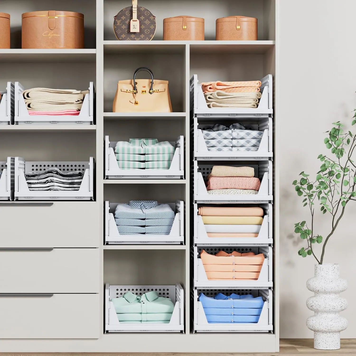 4 Pack Stackable Closet Storage Basket - Stackable Storage Bins, Multifunctional & Foldable Closet Organizer, Wardrobe Cupboard Space-Saving Clothes Storage Hat Organizer, White