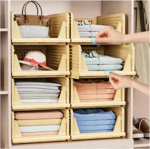 5 Pack Stackable Closet Storage Basket - Stackable Storage Bins, Multifunctional & Foldable Closet Organizer, Wardrobe Cupboard Space-Saving Hat Storage Drawer Organizer, Yellow