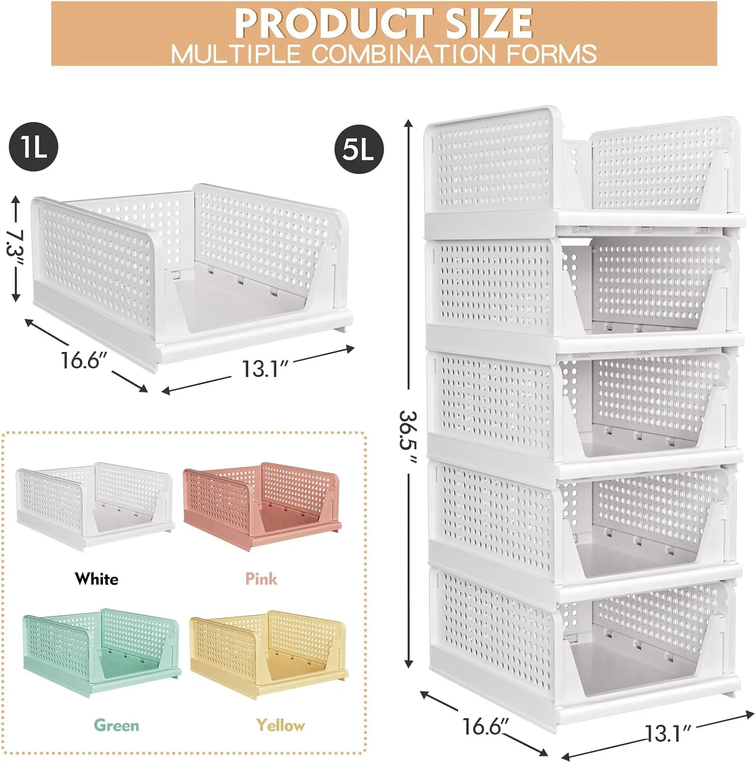 5 Pack Stackable Closet Storage Basket - Stackable Storage Bins, Multifunctional & Foldable Closet Organizer, Wardrobe Cupboard Space-Saving Hat Storage Drawer Organizer, Yellow