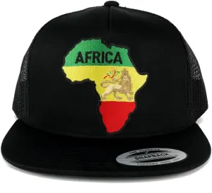 5 Panel RGY Africa Map and Rasta Lion Embroidered Patch Flat Bill Mesh Snapback