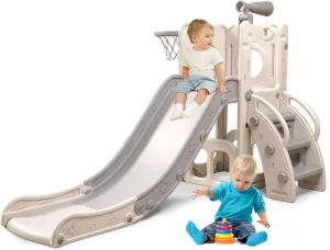 6 in 1 Toddler Playset with Slide, Kids Slide with Basketball Hoop, Ball, Ring Toss, Indoor Outdoor Toys (White Grey)