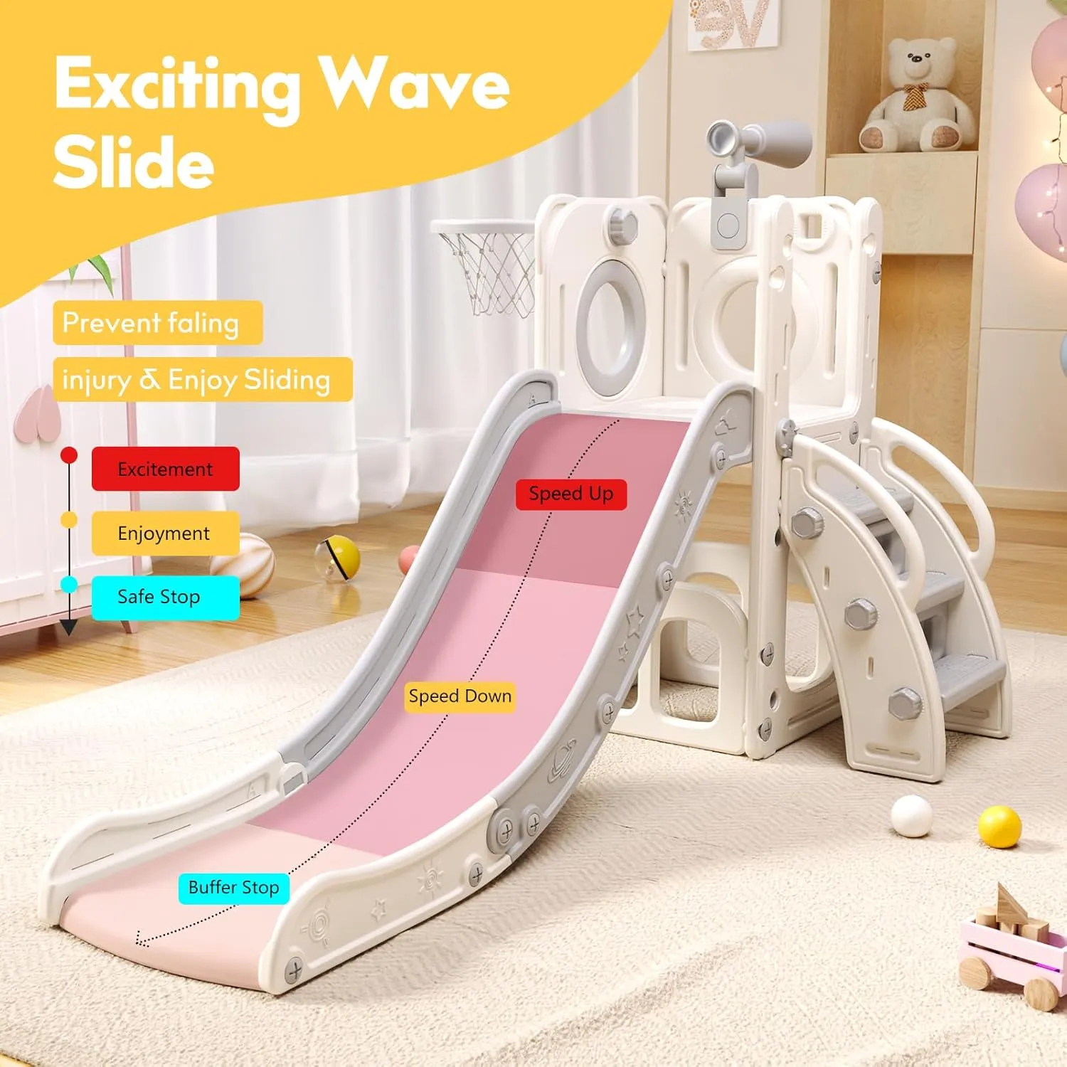 6 in 1 Toddler Playset with Slide, Kids Slide with Basketball Hoop, Ball, Ring Toss, Indoor Outdoor Toys (White Grey)