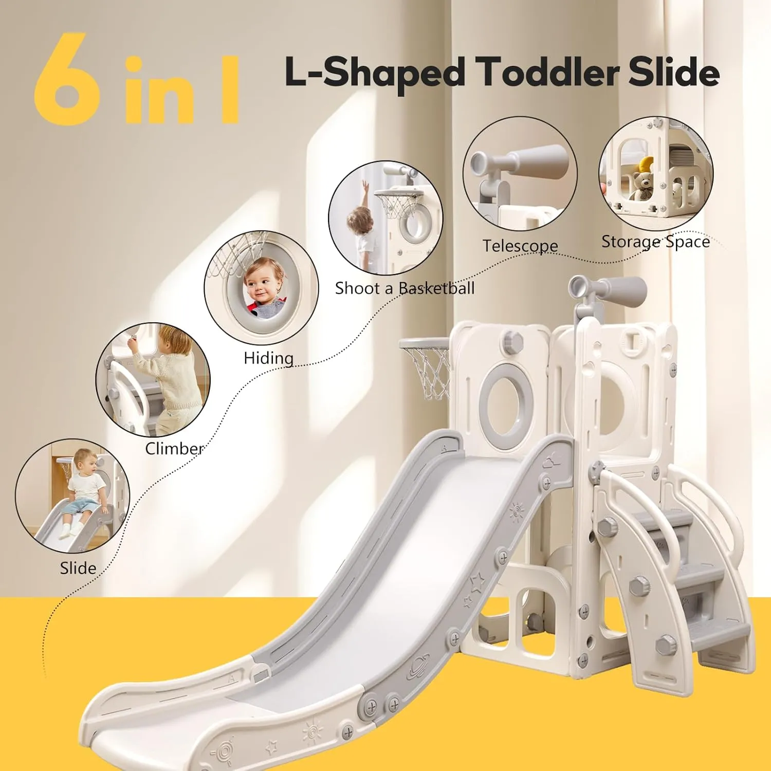 6 in 1 Toddler Playset with Slide, Kids Slide with Basketball Hoop, Ball, Ring Toss, Indoor Outdoor Toys (White Grey)