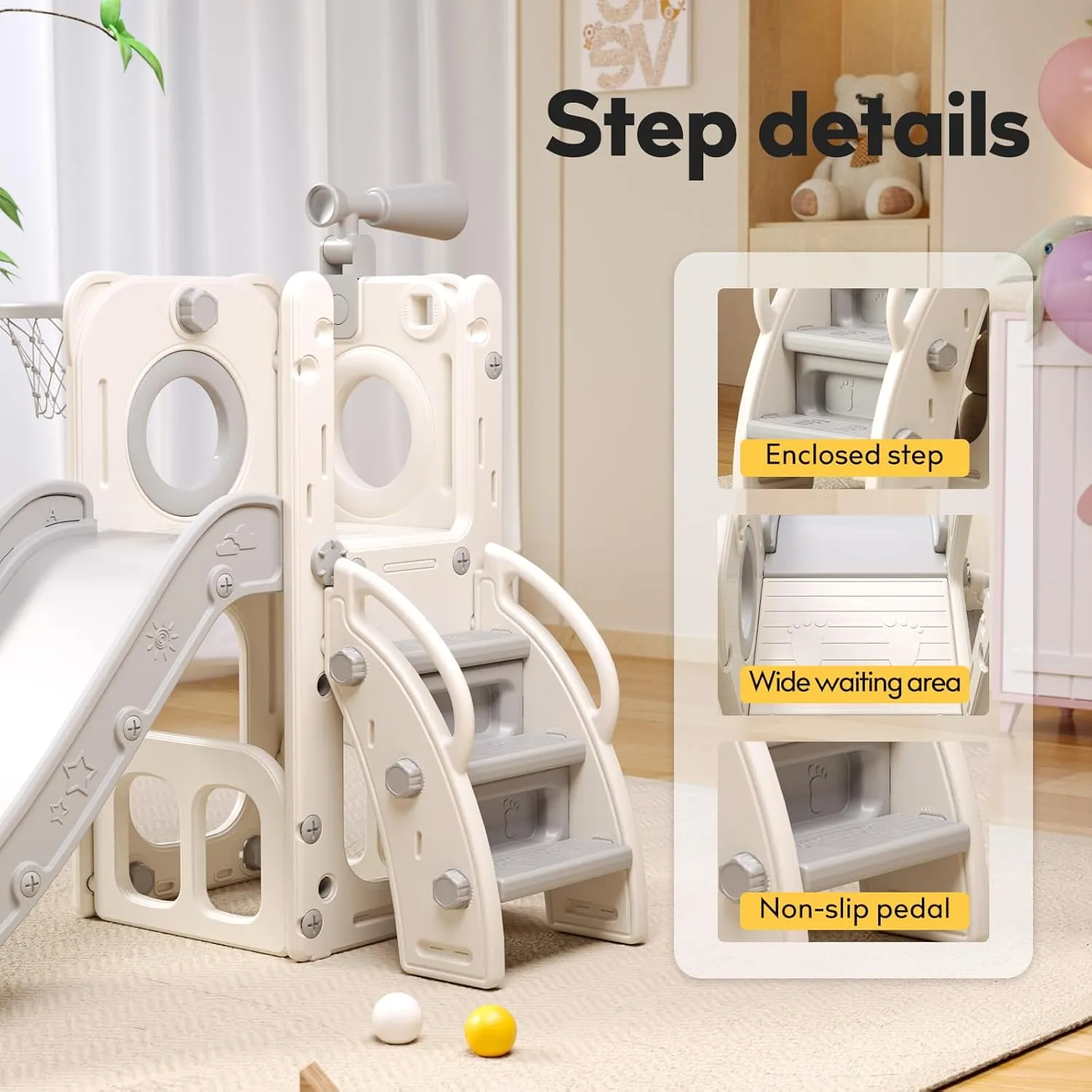 6 in 1 Toddler Playset with Slide, Kids Slide with Basketball Hoop, Ball, Ring Toss, Indoor Outdoor Toys (White Grey)