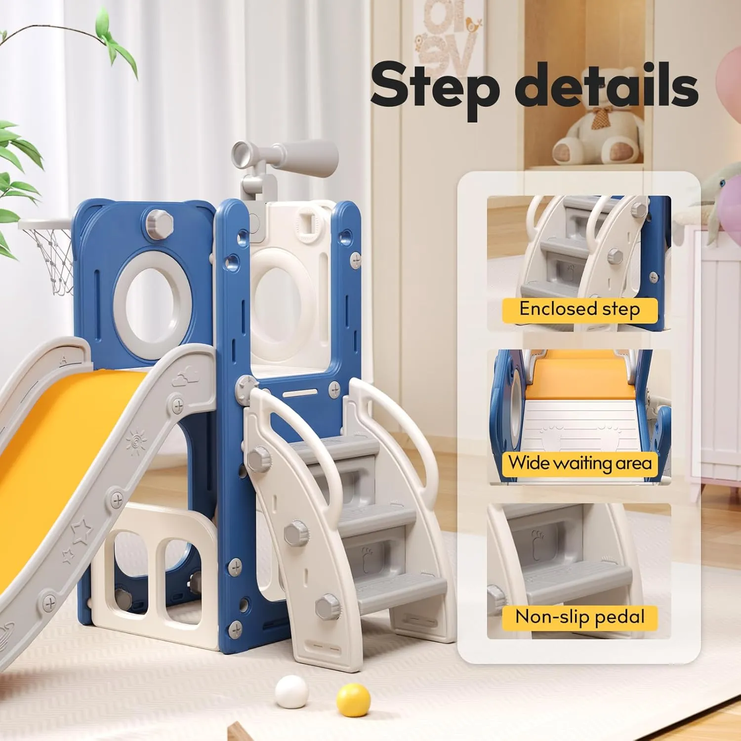 6 in 1 Toddler Playset with Slide, Kids Slide with Basketball Hoop, Ball, Ring Toss, Indoor Outdoor Toys