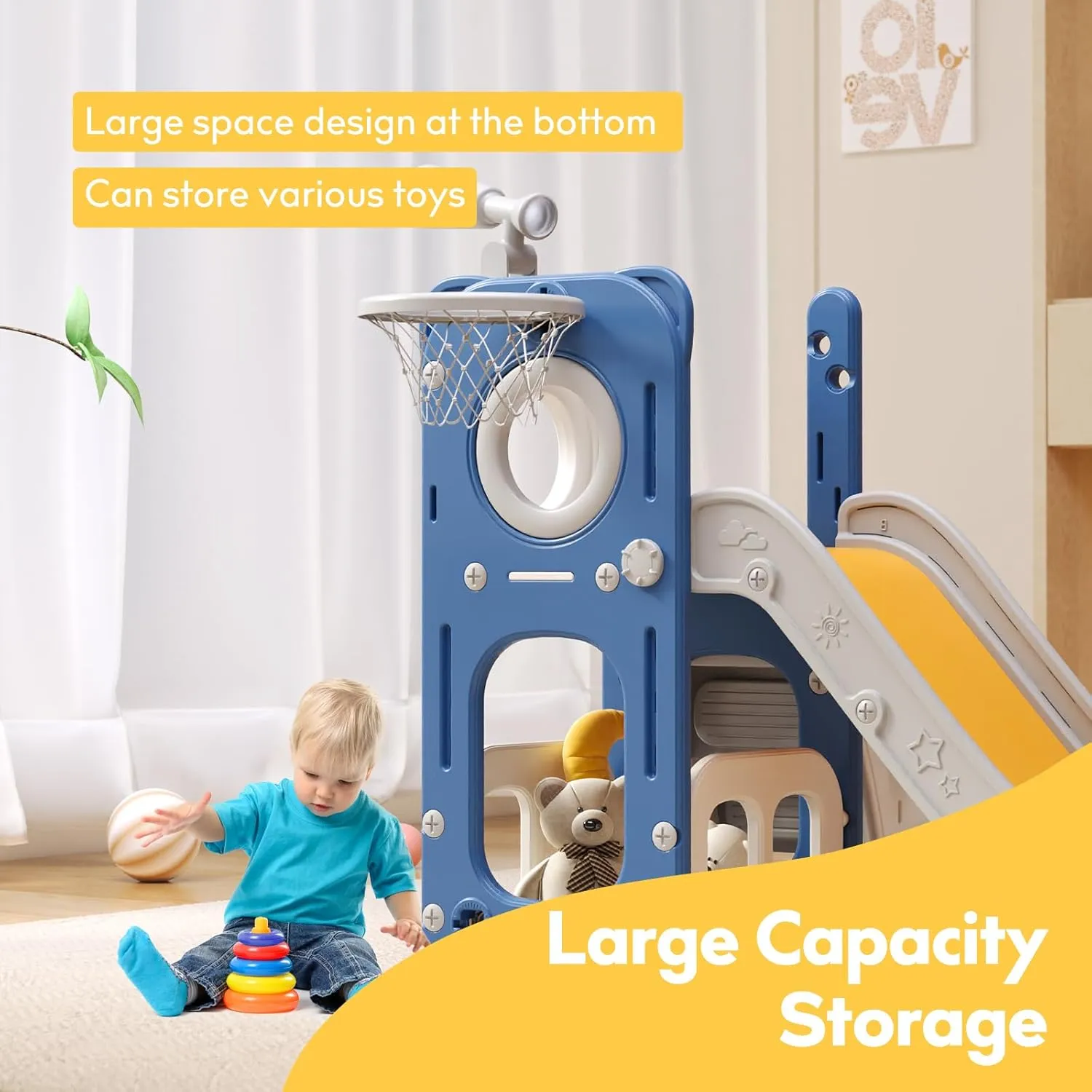 6 in 1 Toddler Playset with Slide, Kids Slide with Basketball Hoop, Ball, Ring Toss, Indoor Outdoor Toys