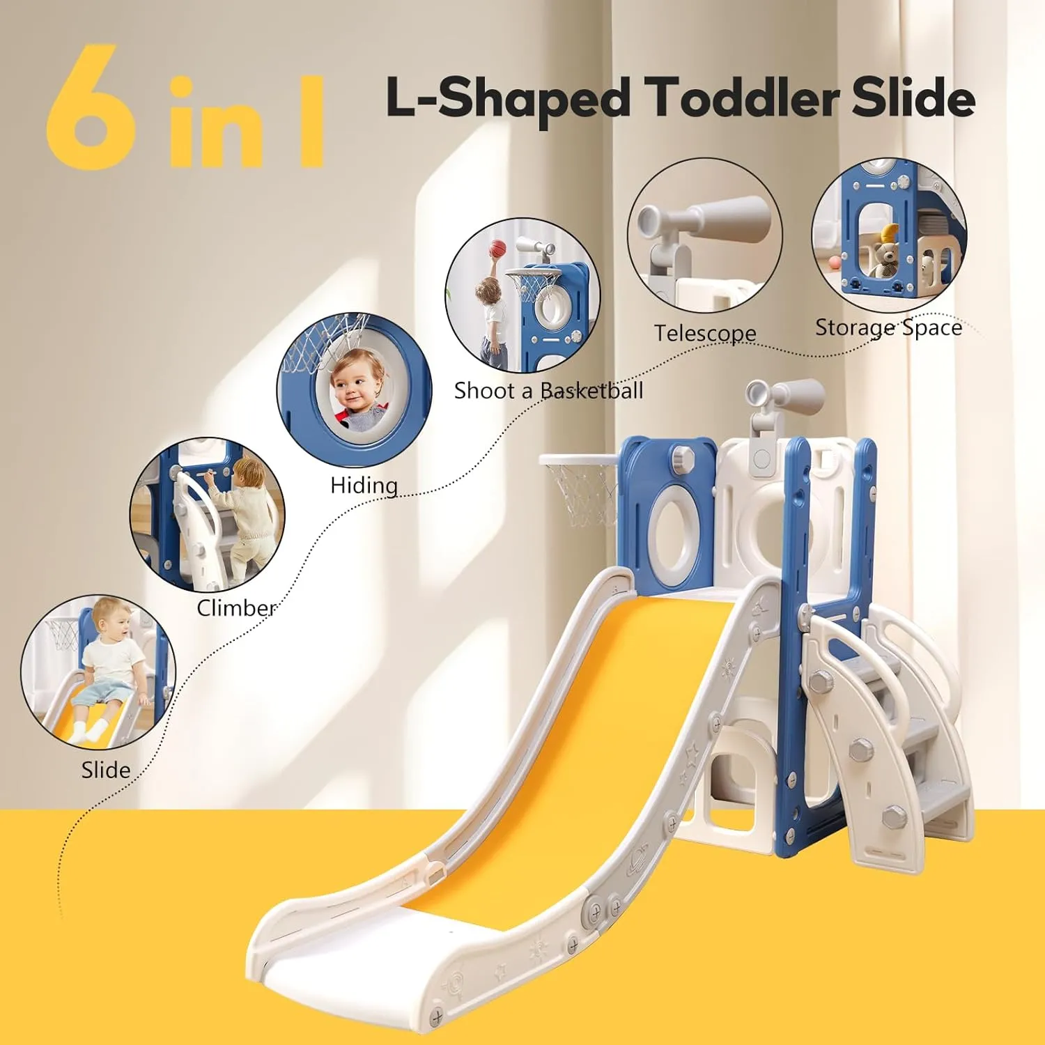6 in 1 Toddler Playset with Slide, Kids Slide with Basketball Hoop, Ball, Ring Toss, Indoor Outdoor Toys