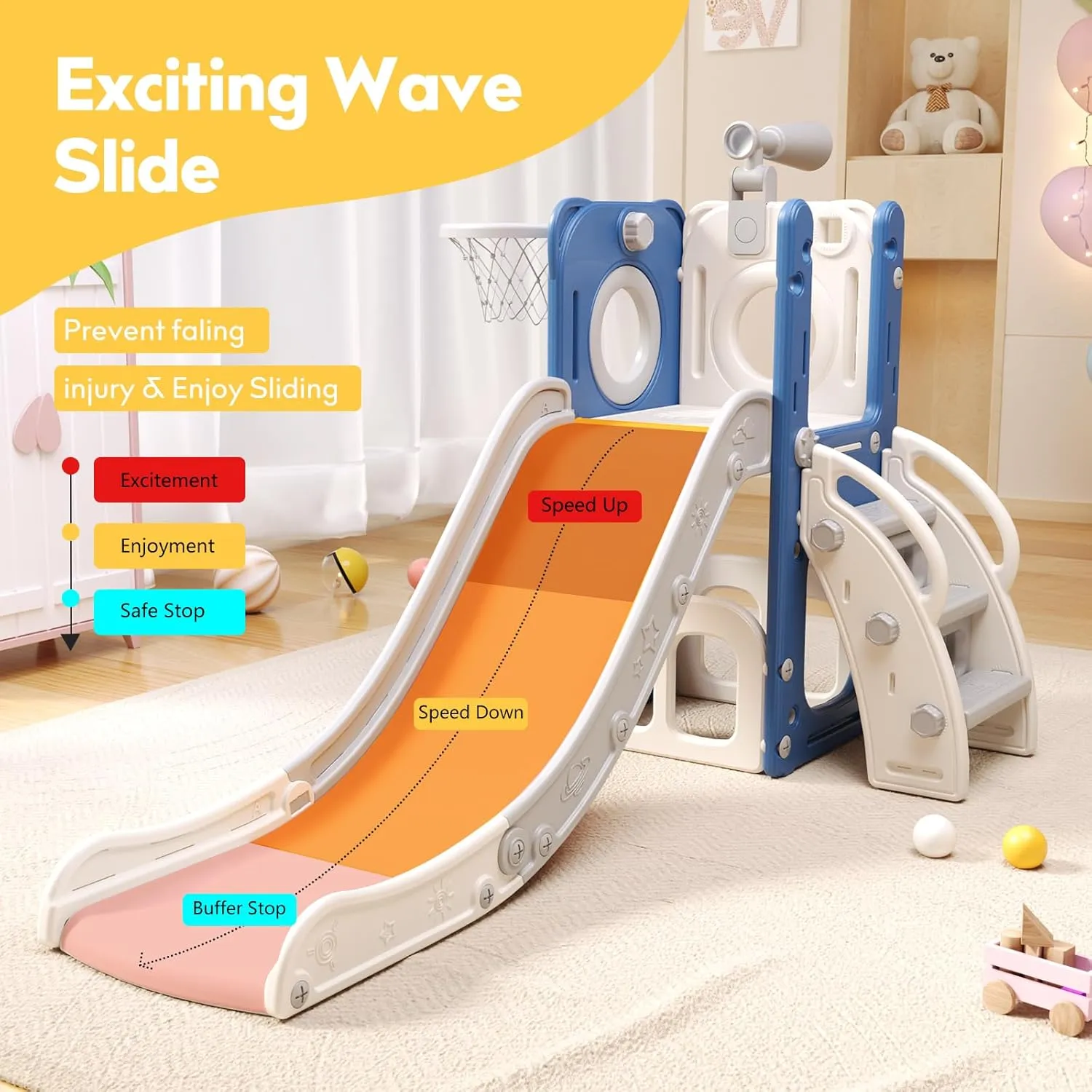 6 in 1 Toddler Playset with Slide, Kids Slide with Basketball Hoop, Ball, Ring Toss, Indoor Outdoor Toys