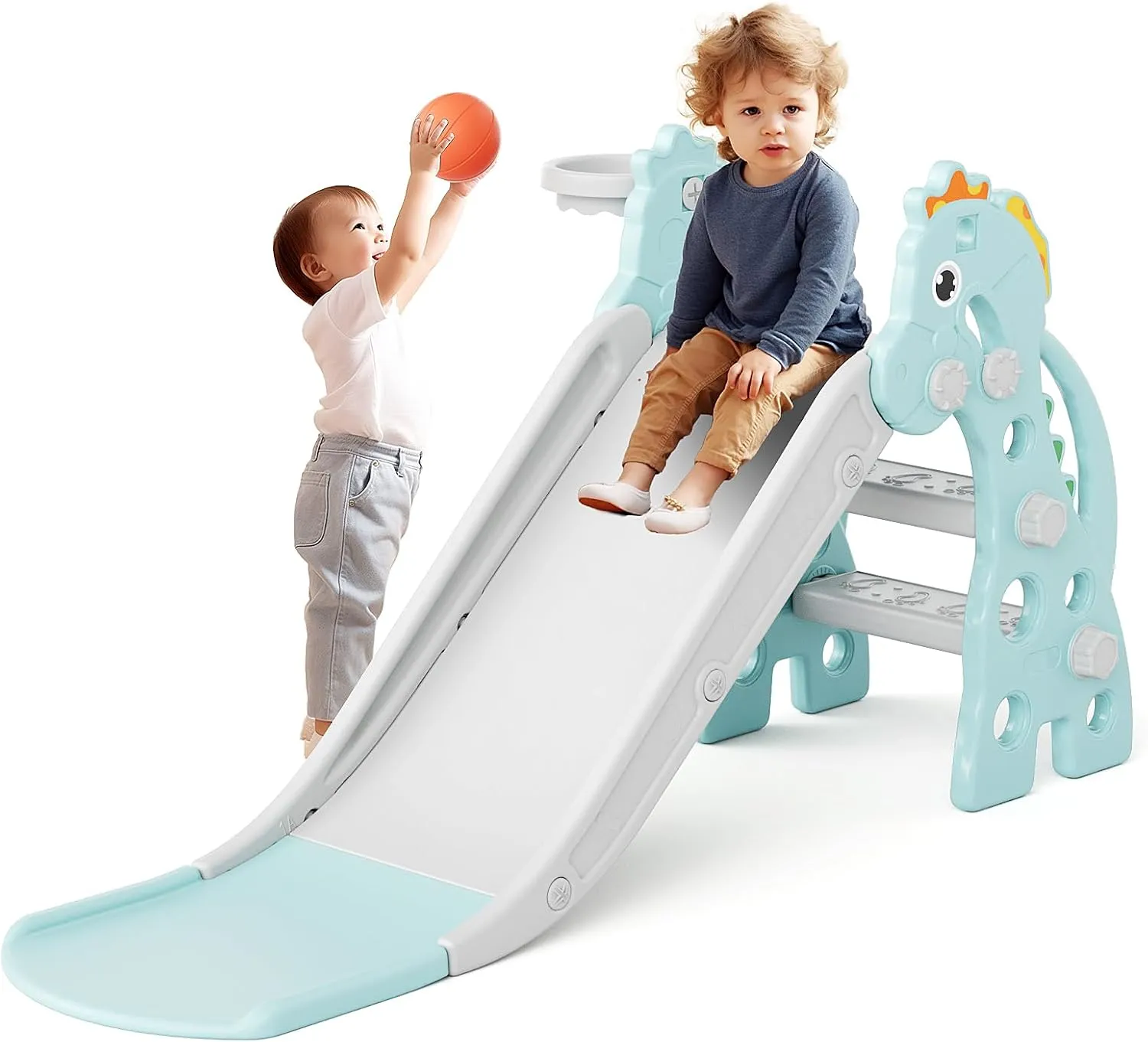 67i Toddler Slide for Indoor & Outdoor Play with Basketball Hoop, Anti-Slip Steps, 46.8in Baby Climber (Green)