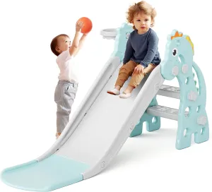 67i Toddler Slide for Indoor & Outdoor Play with Basketball Hoop, Anti-Slip Steps, 46.8in Baby Climber (Green)