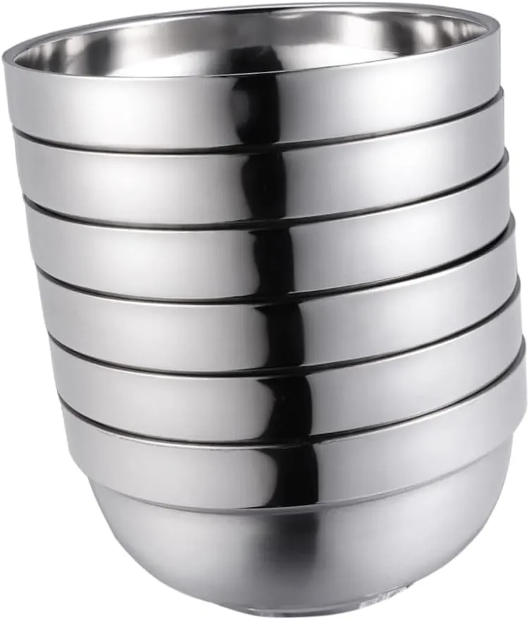 6pcs Double Layer Insulated Stainless Steel Rice Bowls Hot Soup Bowls for Family Dinnerware Easy to Clean for Home Camping Beach Use