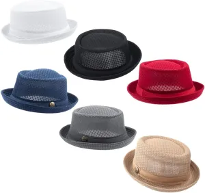 6Pcs Summer Mesh Pork Pie Hat Beach Party Fedora Cap Boater Porkpie Breaking Bad Flat Hat for Men Women Straw