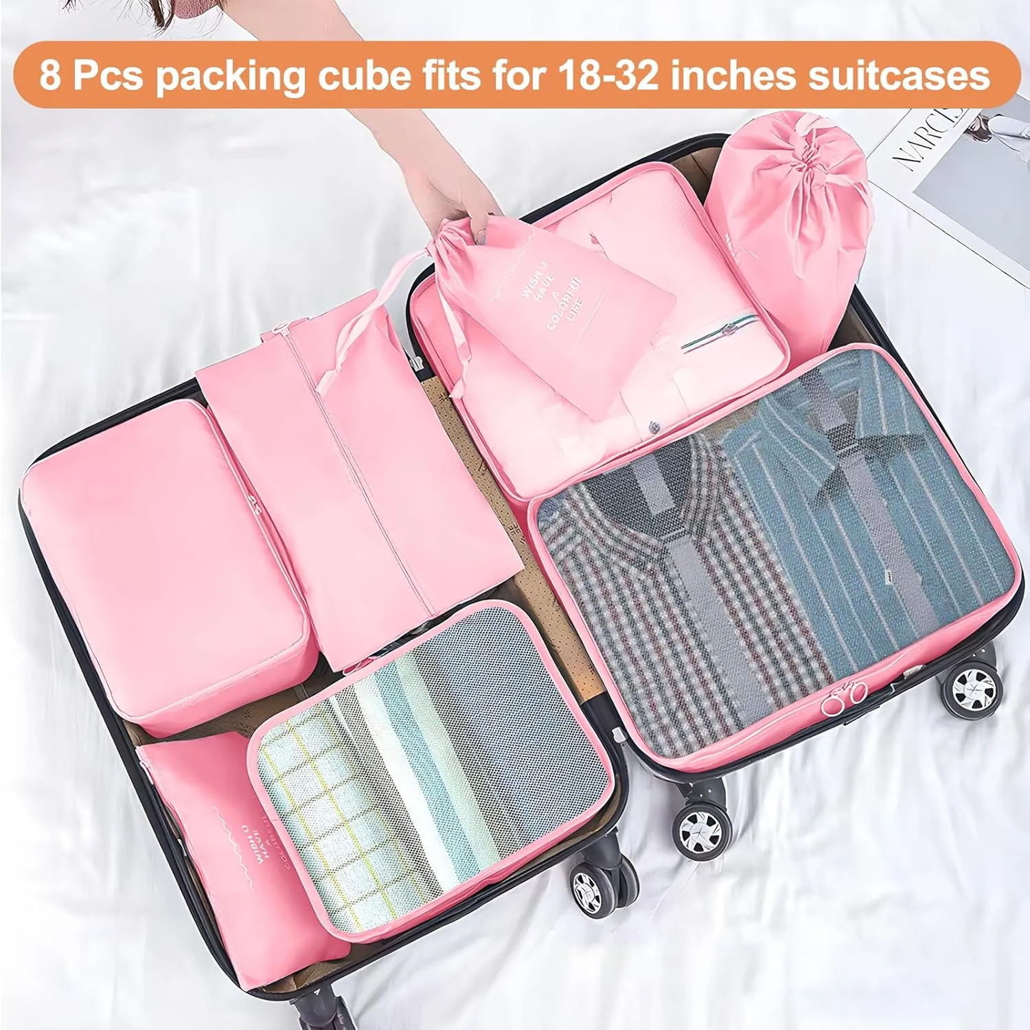 8 Set Packing Cubes for Suitcases, Compression Luggage Organizer for Travel Essentials, Large Mesh Packing Cubes