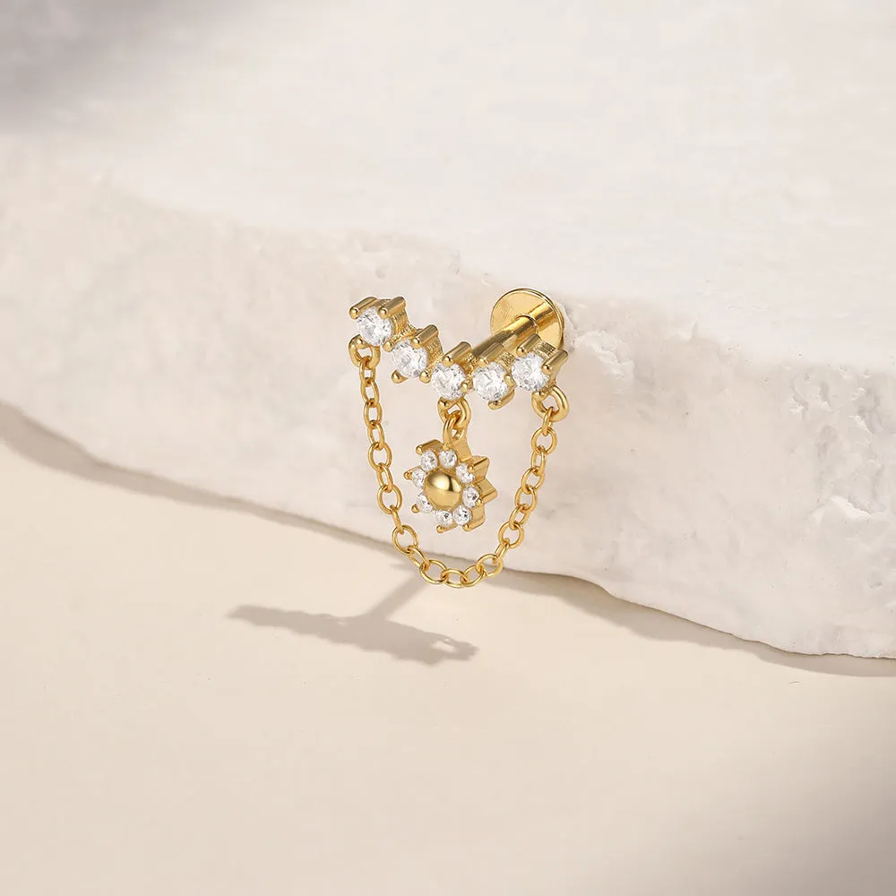 925 Silver Round Drop Chain Flat Back Earrings