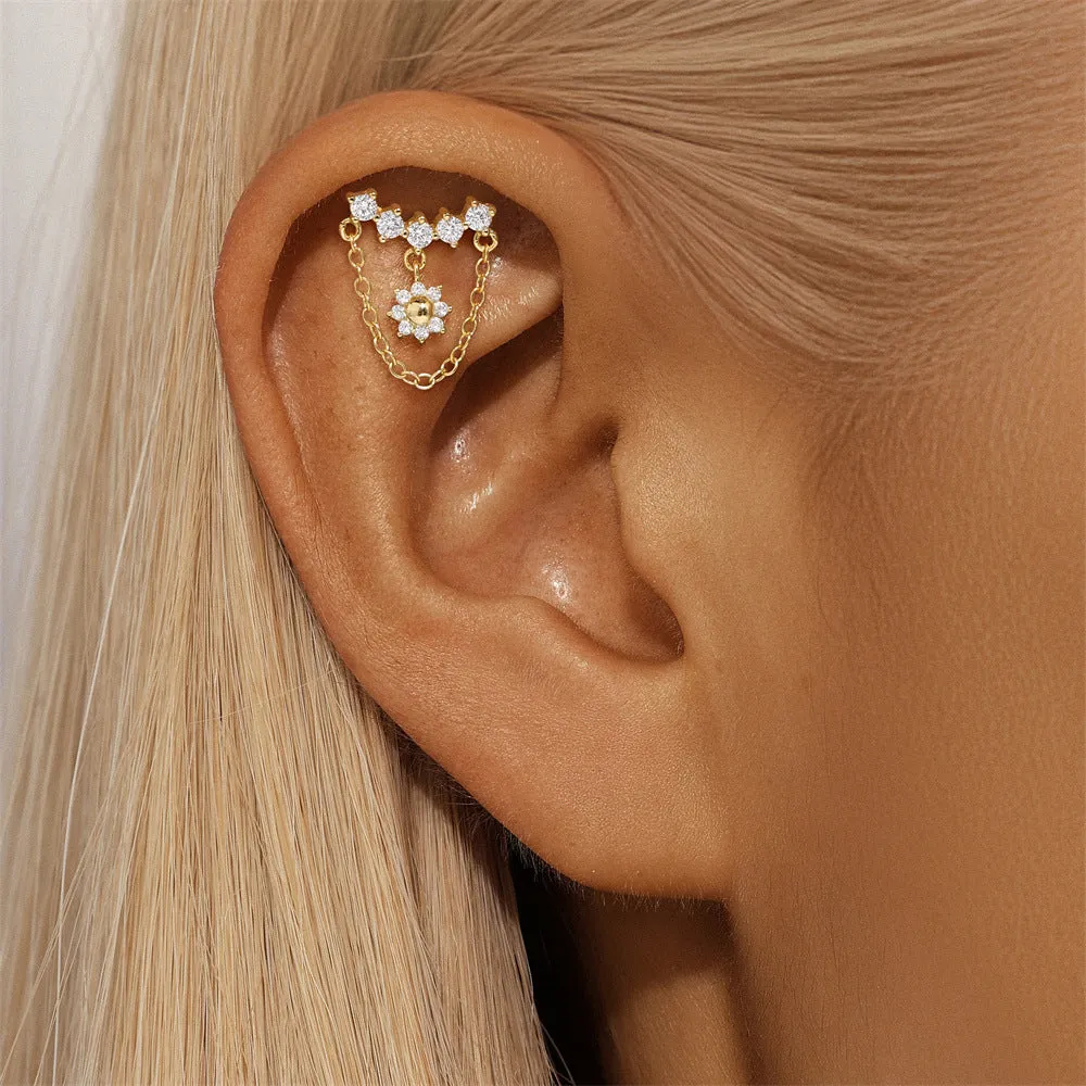 925 Silver Round Drop Chain Flat Back Earrings