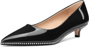 Aachcol Womens Low Heel Pointed Toe Pumps Silver Beaded Kitten Heels Slip-on Comfortable Office Dress Shoes 1.4 Inches Heels