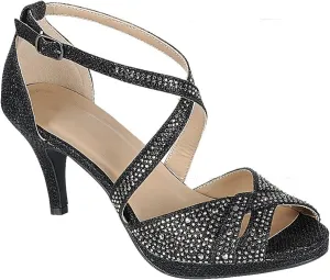 ABSOLEX Women's Cross strappy Open Toe Glitter Rhinestone Dressy/Party/Wedding Mid Pump Heel Sandal,