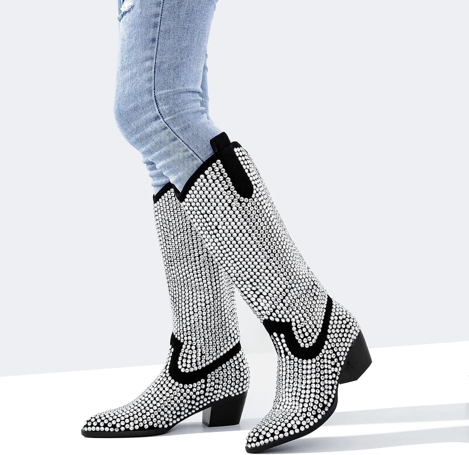 ADAMUMU Womens Wide Calf Cowboy Boots Classic Western-Style Cowboys Boots for Women Pointed Toe Womens Cowgirl Boots with Chunky Heel Non-Slip Sole for Adding Timeless Elegance to Your Wardrobe