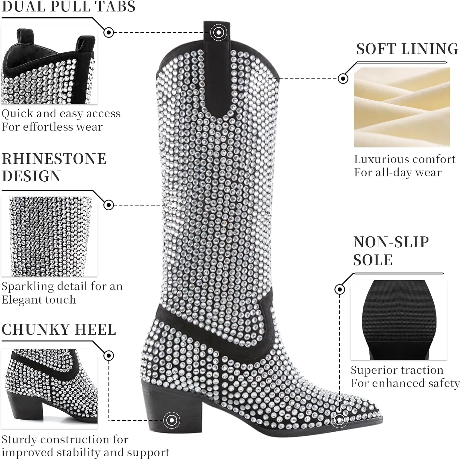 ADAMUMU Womens Wide Calf Cowboy Boots Classic Western-Style Cowboys Boots for Women Pointed Toe Womens Cowgirl Boots with Chunky Heel Non-Slip Sole for Adding Timeless Elegance to Your Wardrobe