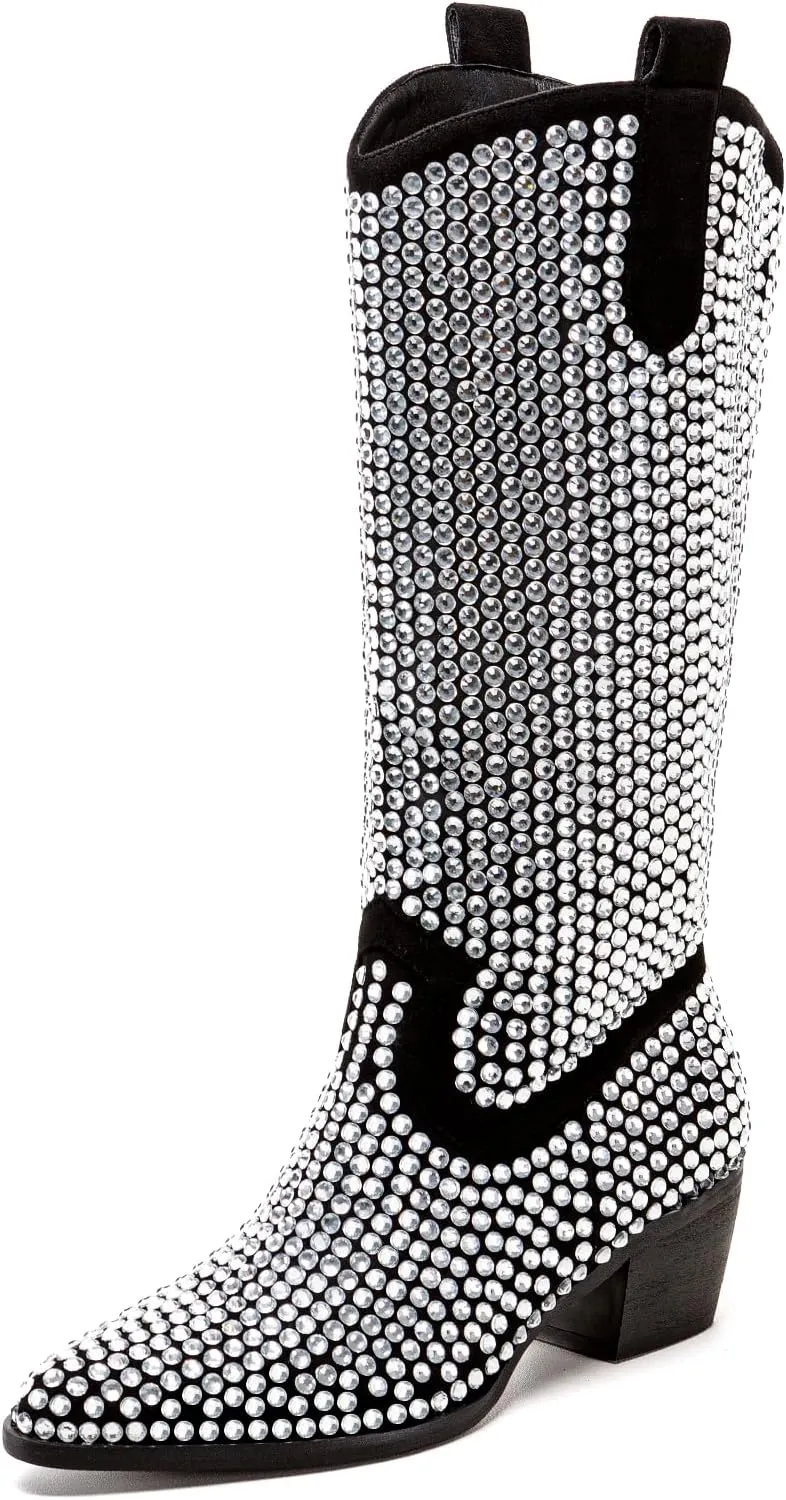 ADAMUMU Womens Wide Calf Cowboy Boots Classic Western-Style Cowboys Boots for Women Pointed Toe Womens Cowgirl Boots with Chunky Heel Non-Slip Sole for Adding Timeless Elegance to Your Wardrobe