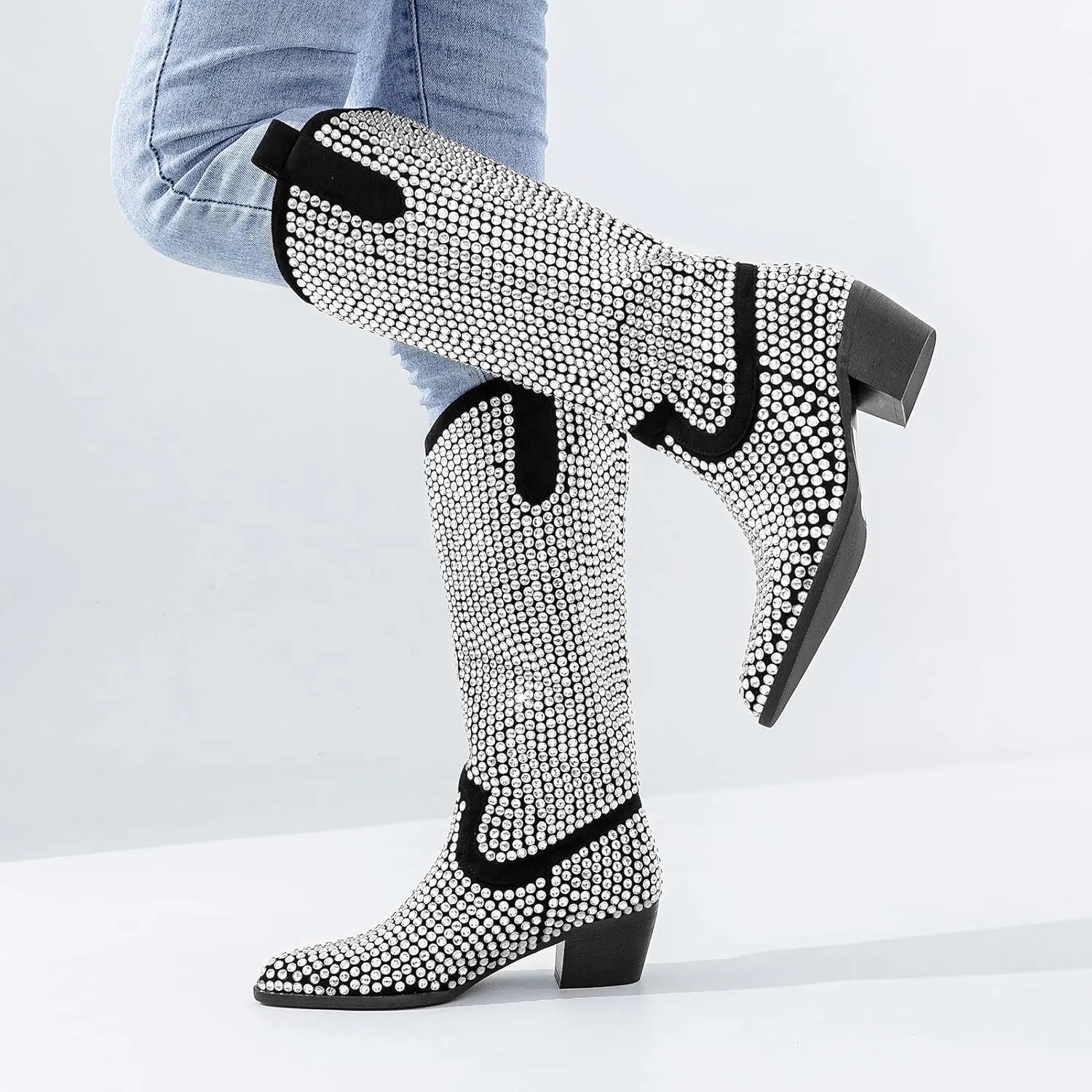 ADAMUMU Womens Wide Calf Cowboy Boots Classic Western-Style Cowboys Boots for Women Pointed Toe Womens Cowgirl Boots with Chunky Heel Non-Slip Sole for Adding Timeless Elegance to Your Wardrobe