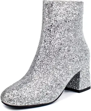 Agodor Women's Glitter Boots Sparkly High Heel Sequin Chunky Ankle Boots