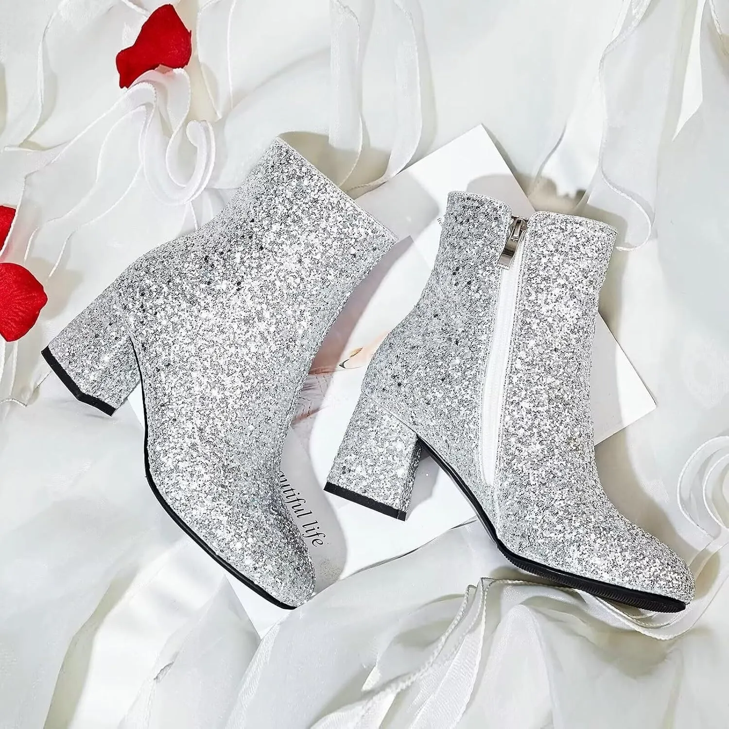 Agodor Women's Glitter Boots Sparkly High Heel Sequin Chunky Ankle Boots