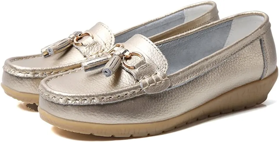 AIFLM Womens Leather Loafer Moccasin Slip on Driving Nurse Walking Working Shoes Non Slip Casual Shoes Light Antiskid Flat Soled Bowknot