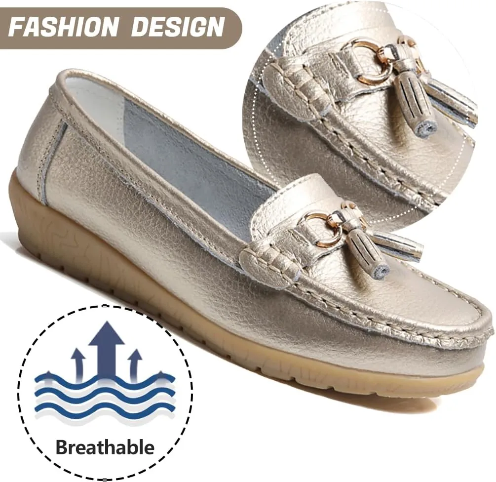AIFLM Womens Leather Loafer Moccasin Slip on Driving Nurse Walking Working Shoes Non Slip Casual Shoes Light Antiskid Flat Soled Bowknot