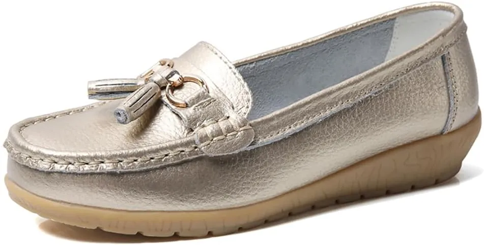 AIFLM Womens Leather Loafer Moccasin Slip on Driving Nurse Walking Working Shoes Non Slip Casual Shoes Light Antiskid Flat Soled Bowknot