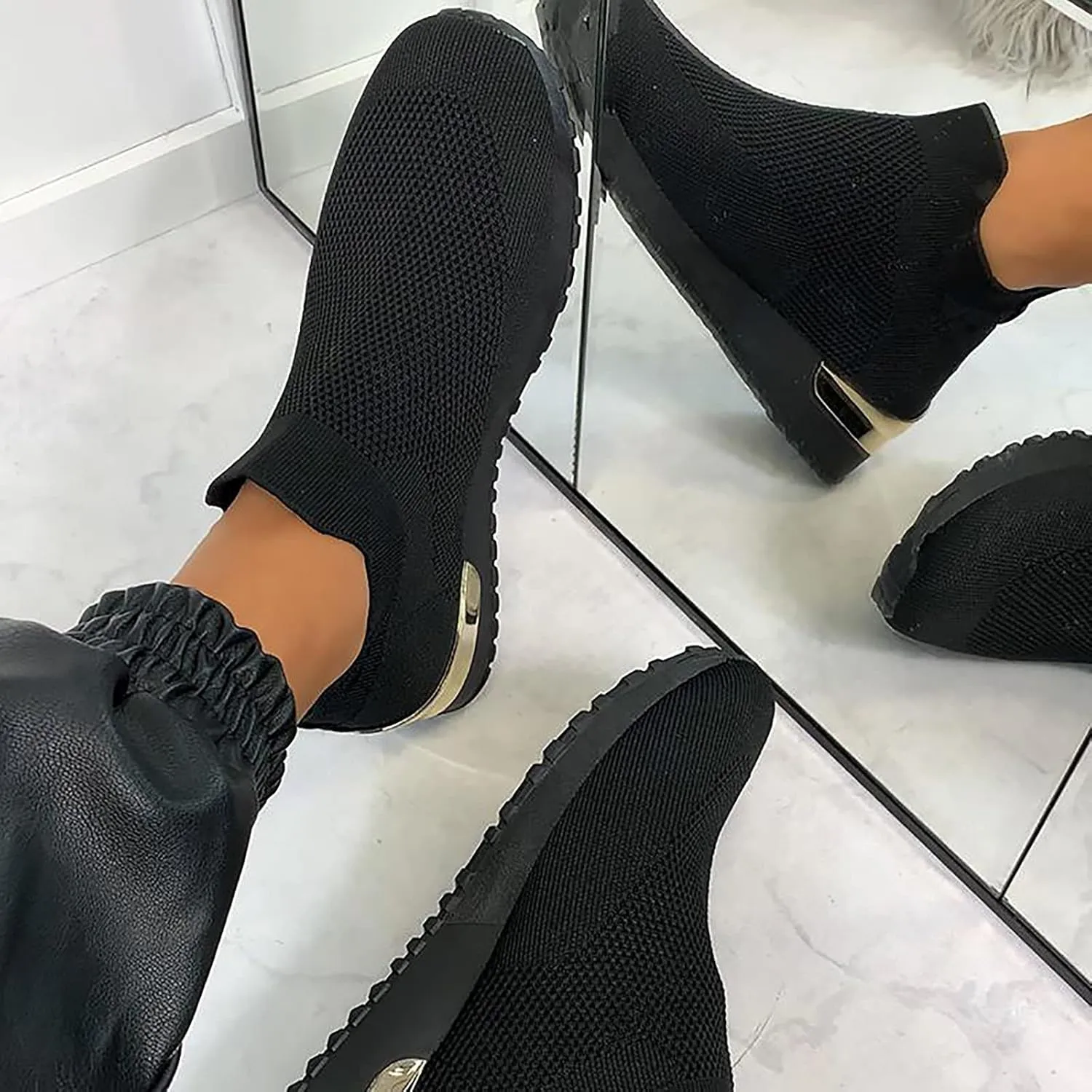 Air Cushion Slip-on Walking Shoes for Women,Orthopedic Diabetic Walking Shoes with Arch Support,Casual Breathable Knit Mesh Wedge Platform Sneaker Sandals