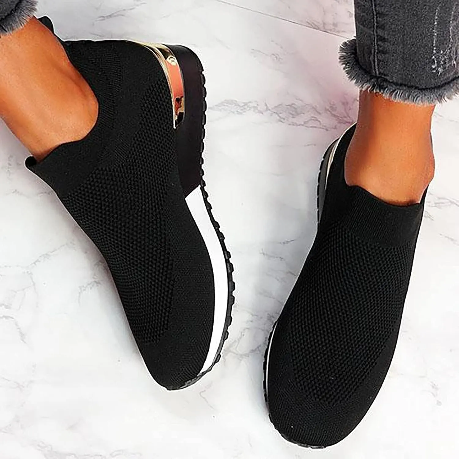 Air Cushion Slip-on Walking Shoes for Women,Orthopedic Diabetic Walking Shoes with Arch Support,Casual Breathable Knit Mesh Wedge Platform Sneaker Sandals