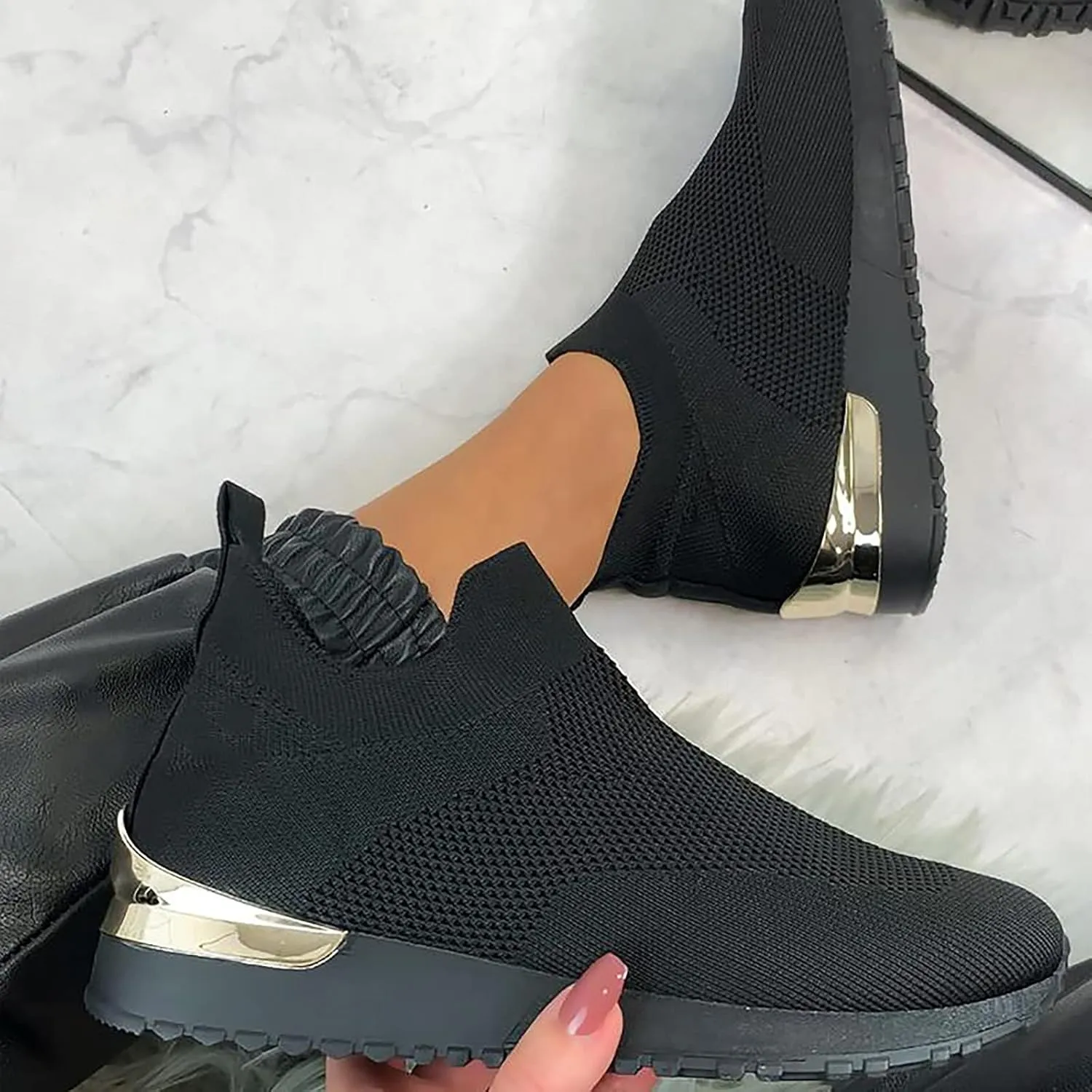Air Cushion Slip-on Walking Shoes for Women,Orthopedic Diabetic Walking Shoes with Arch Support,Casual Breathable Knit Mesh Wedge Platform Sneaker Sandals